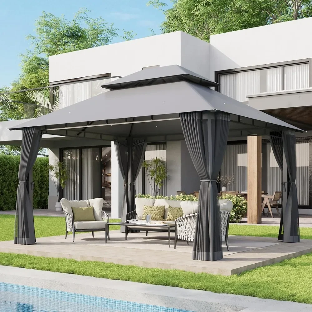 Heavy-Duty Outdoor Gazebo with Double Roof & Mosquito Netting, Patio Tent with Zipper Screens for Backyard Garden Lawn, Custom