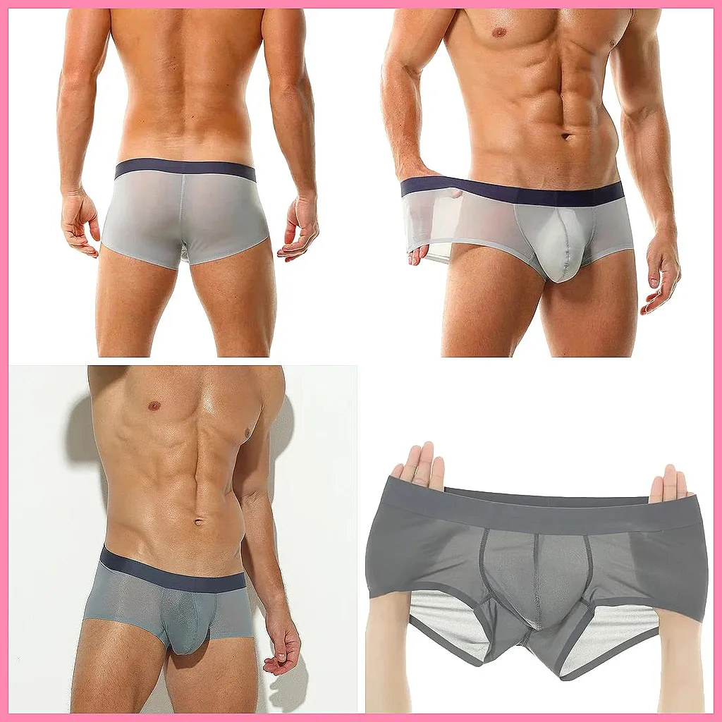 Men's Ice Silk Underwear Transparent Mesh U-Pouch Boxer Shorts, Seamless Thin & Sexy