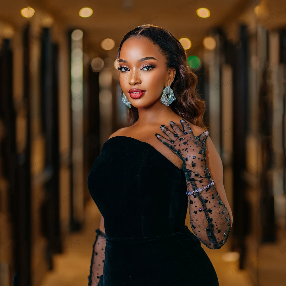 Velvet Diamond Aso Ebi Evening Dresses With Flowers Strapless Beaded Mermaid Birthday Dresses Baddie Black Girl Customized