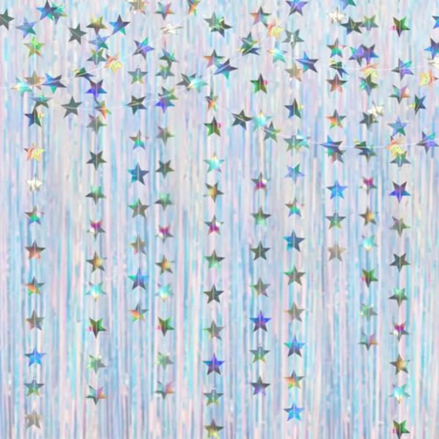 

Iridescent Party Decorations Holographic Tinsel Backdrop Sparkle Star Streamers Glitter Birthday Decoration Galaxy Celestial Th