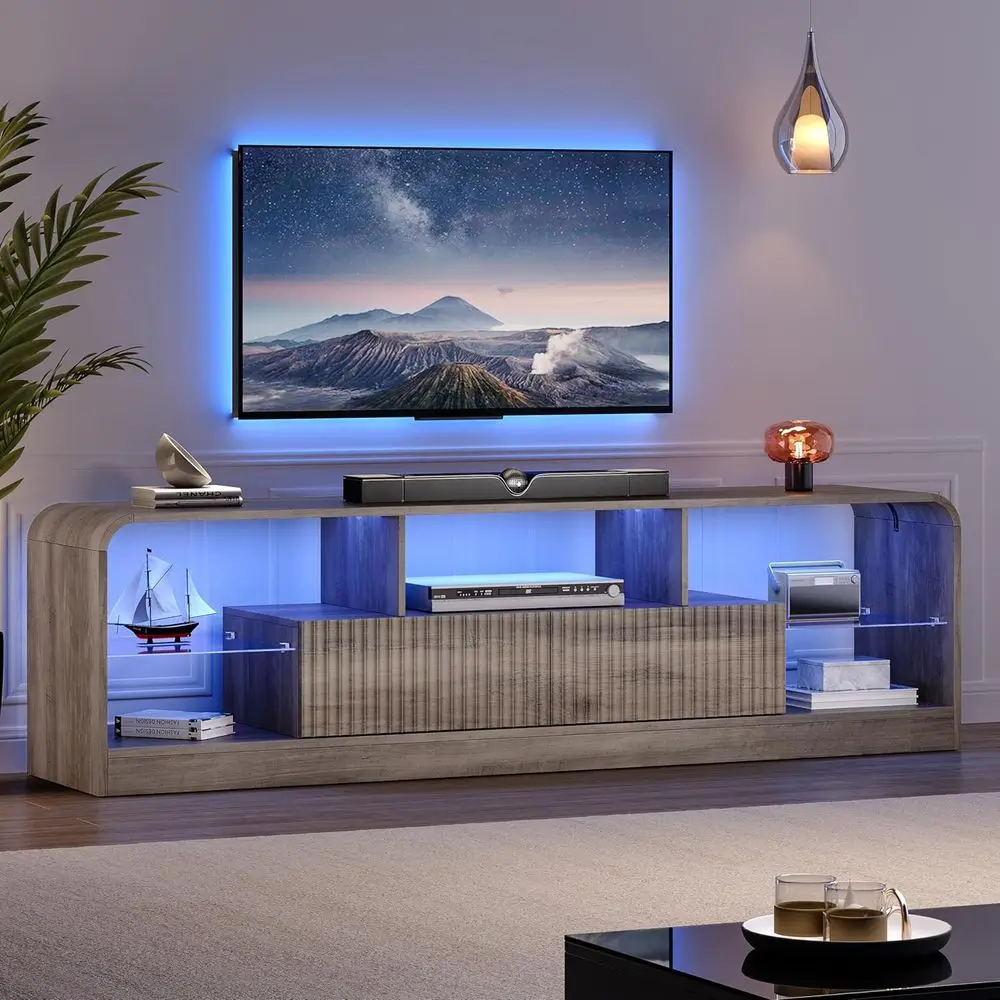 

Entertainment Center for 60-70 Inch Curved TVs with LED Lights, 2 Drawers & Glass Shelves