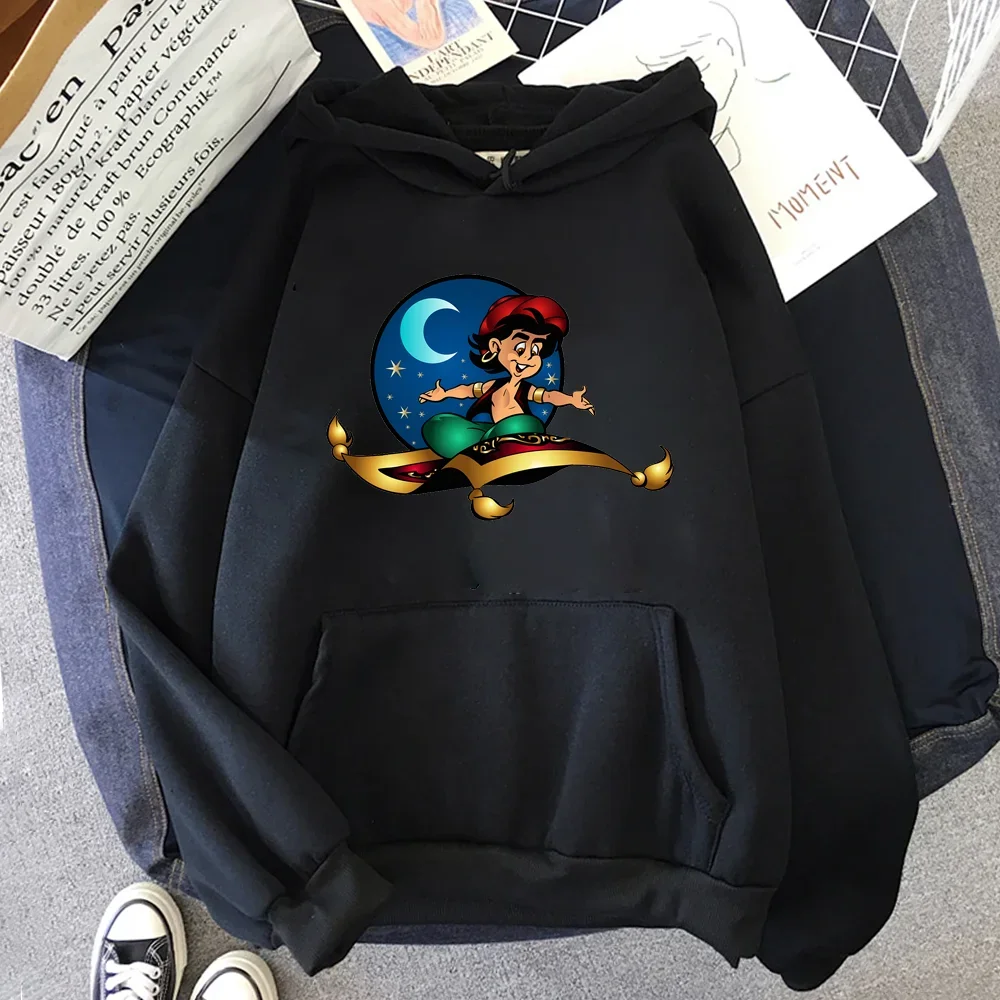 Harajuku Kawaii Disney Cartoon Hoodie The Wonders of Aladdin Print Unisex Black Hoodies Autumn Casual O-Neck Pullover Sweatshirt