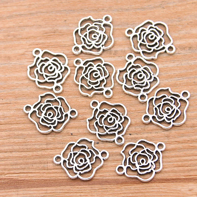 50Pcs 6x10mm Antique Silver Hollow Flower Charms Connector For DIY Necklace Bracelet Handwork Jewelry Making Findings Accessorie