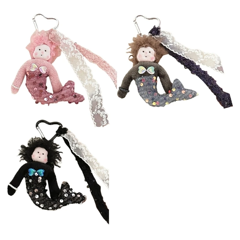 Sequined Mermaids Dolls Stuffed Girl Toy Keychain Pendant with Lace Ribbon for Women and Girls Bag Charm Accessories