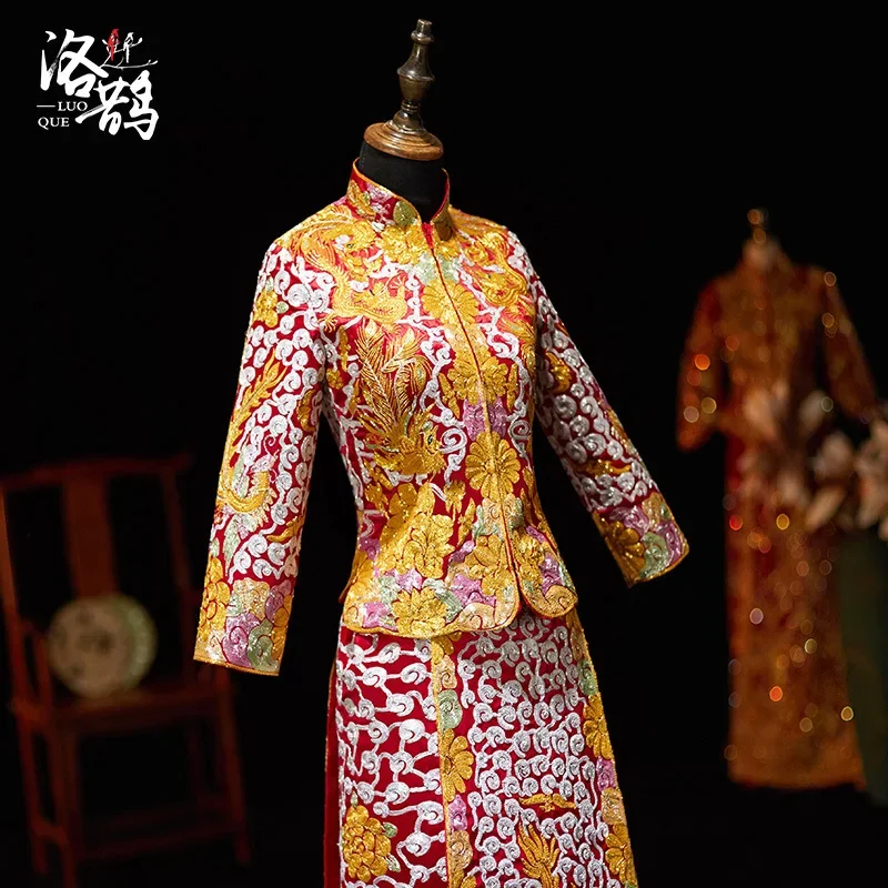 Female Elegant Tassel Cheongsam Dragon Embroidery Chinese Style Gold Wedding Dress Marriage Set Bride Costume Slim Toast Xiuhe