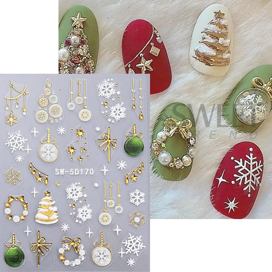 5D Bubbles Pendant Embossed Christmas Nail Art Stickers Xmas Tree Snowflakes Self Adhesive Decals  Sliders Winter Manicure Decor