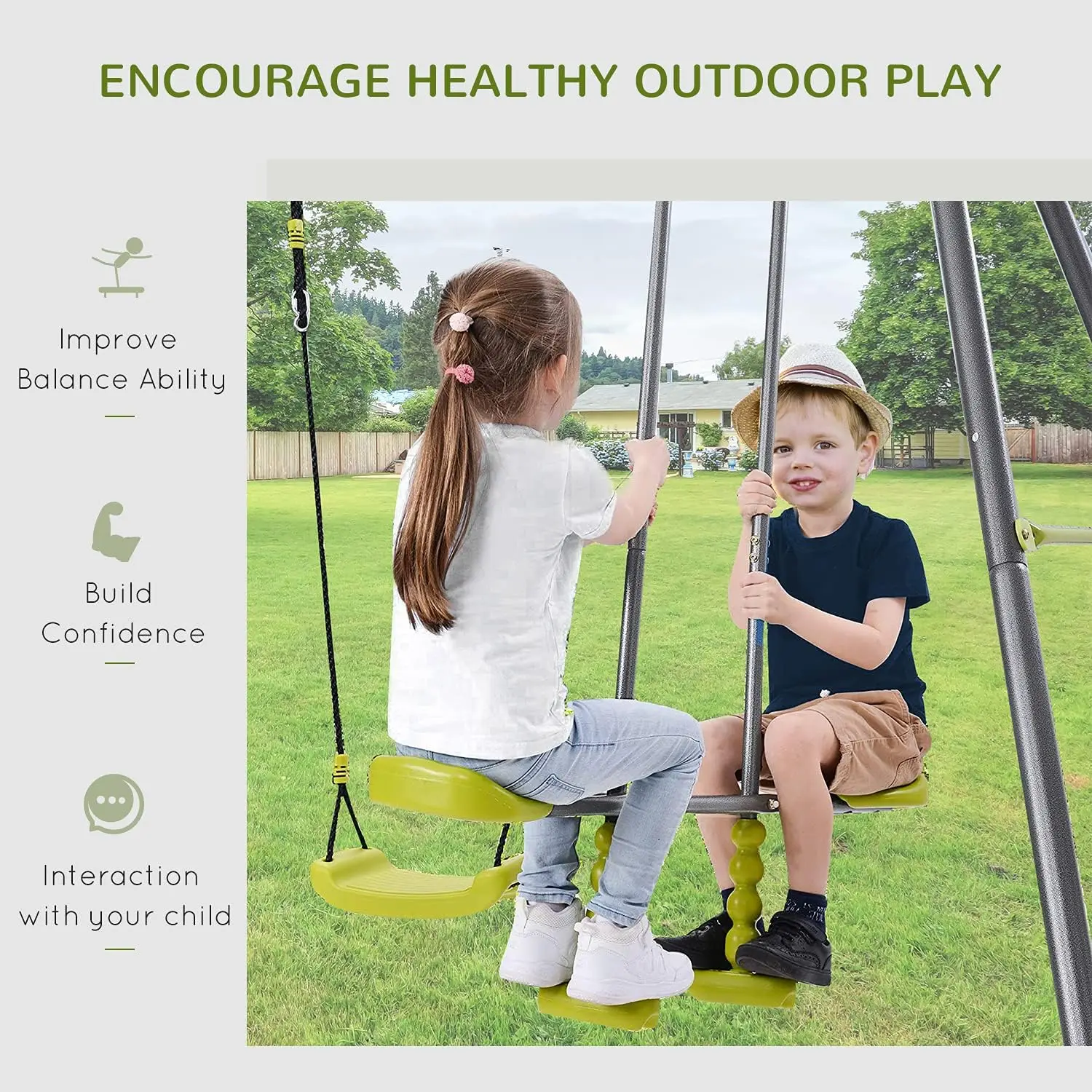 Conjunto de balanço infantil de metal 3 em 1 para quintal com assento de balanço, planador e escada de escalada, estrutura de metal resistente para 4 crianças