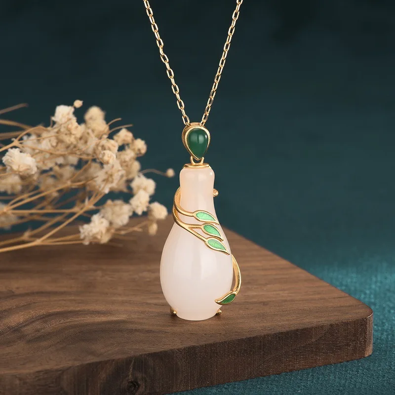 White Natural Jade Vase Pendant Necklace Charm Real Jewelry Carved Gemstone 18K Gold Plated Amulet Vintage Designer