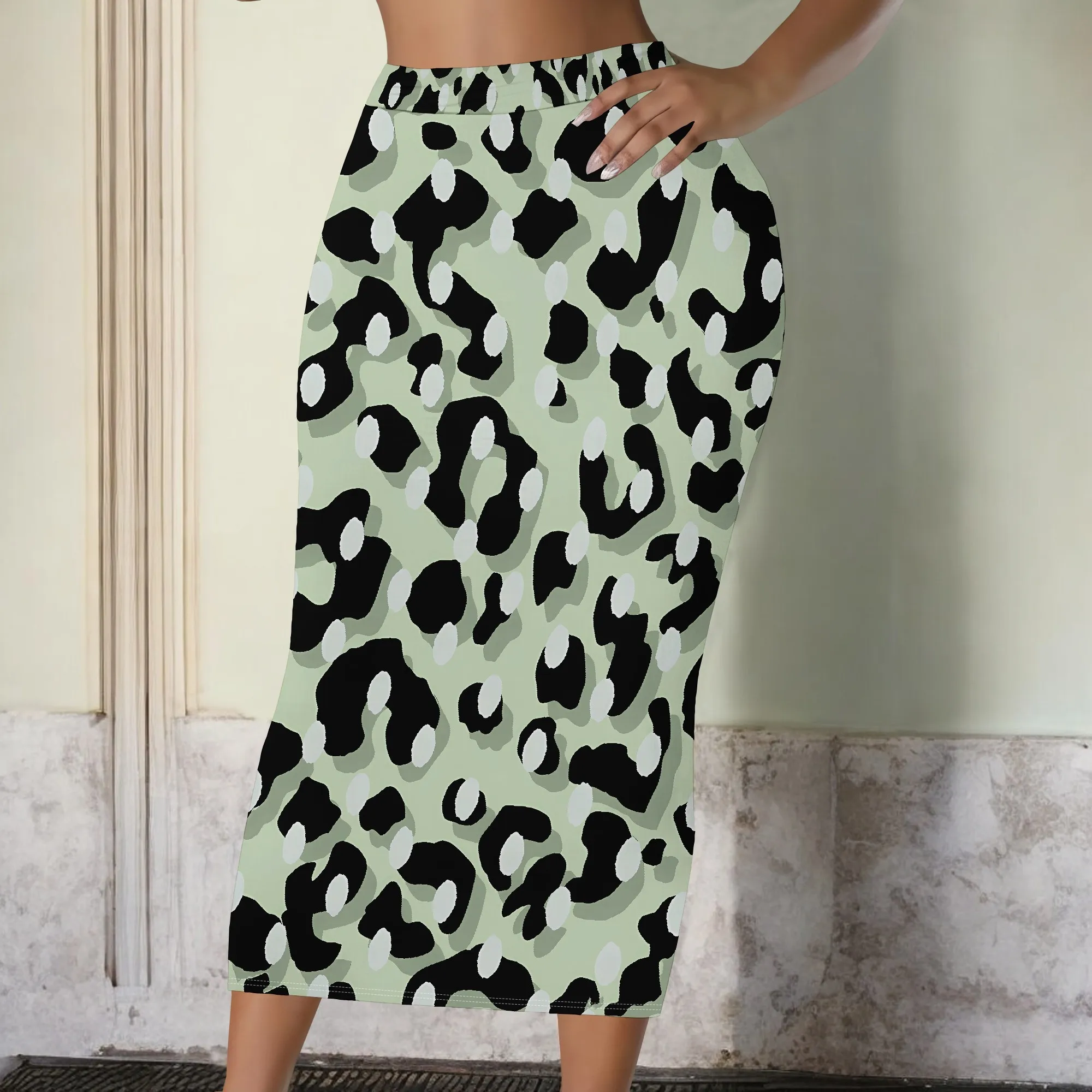 Green Leopard Midi Skirt, High Waist Bodycon Pencil Skirt, Stretchy Office Wear, Women's Party Club Bottoms, S-2XL