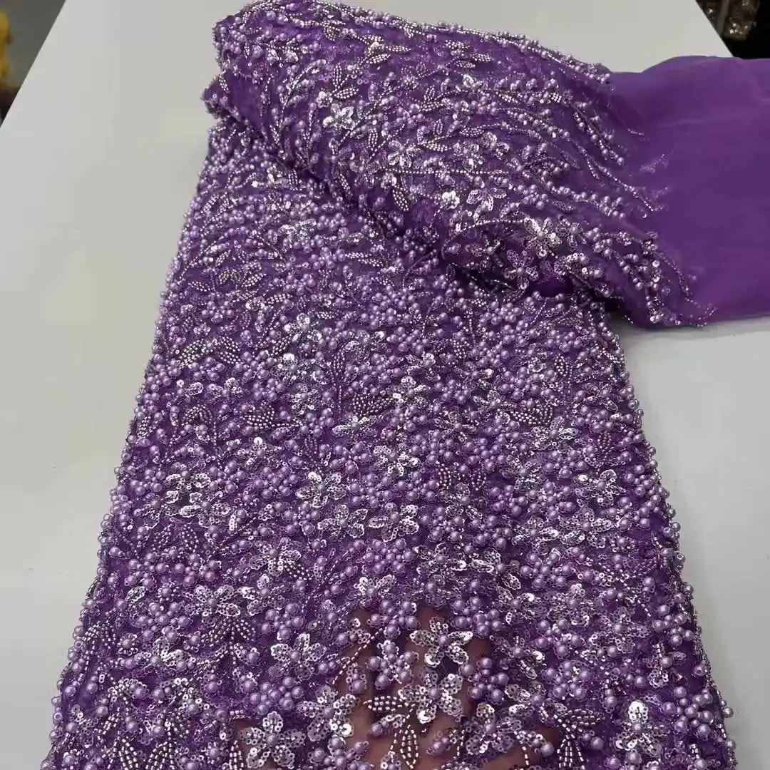 

2025 New African French Nigerian High End Lace Fabric With Beads Sequins Mesh for Embroidery Wedding Party Bride Sewing Dress