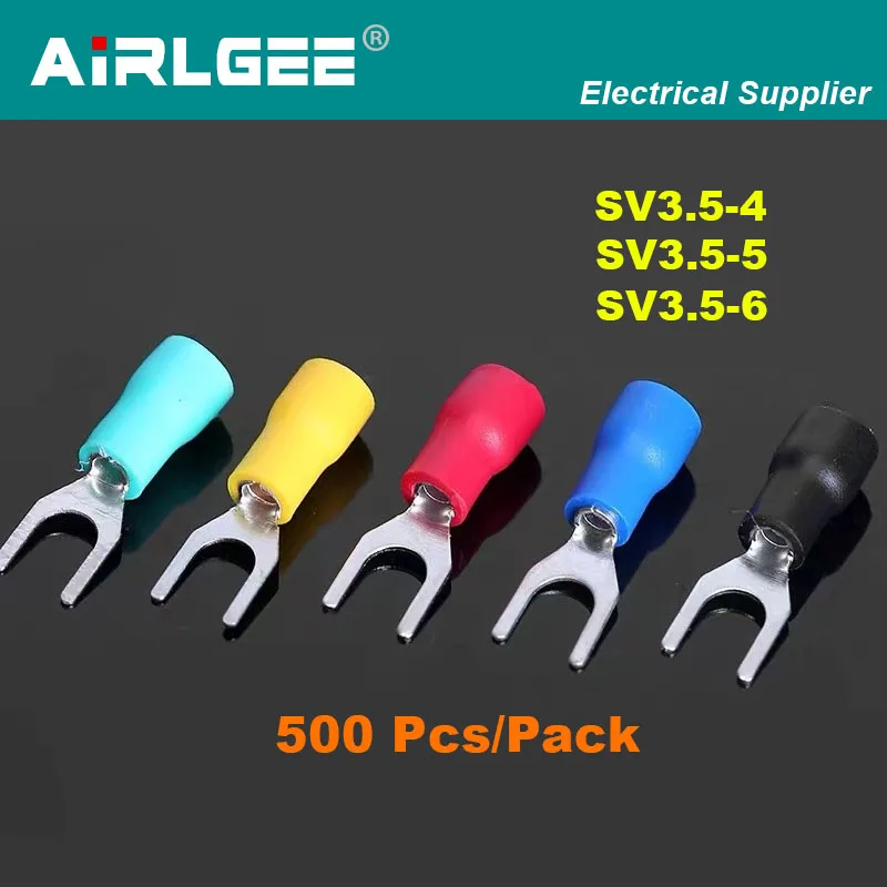 500 Pcs/Pack SV3.5-4/5/6 Fork Furcate Pre Insulated Copper Crimp Terminal Cable Lug Connector For 2.5-4mm2 (14-12AWG) Wire