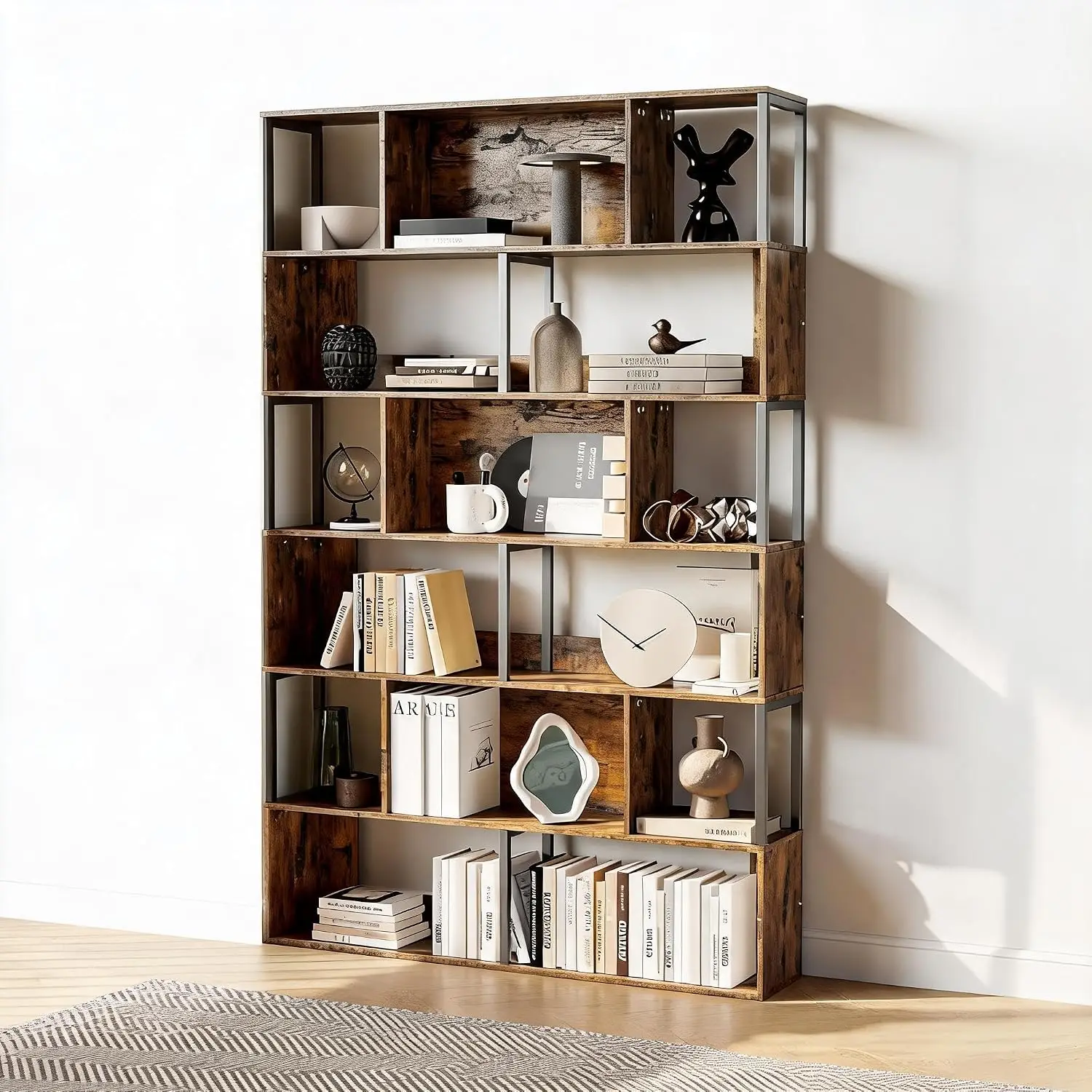 6-Tier Geometric Bookshelf Modern Room Divider Display Shelf Anti-Tipping Living Room, Customized