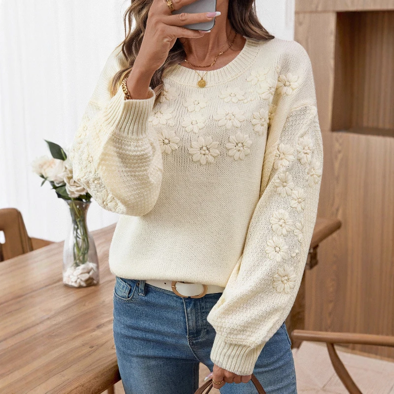 

Autumn and Winter Fresh Heavy Industry Embroidery Three-dimensional Flower Pullover Round Neck Loose Women's Knitted Sweater