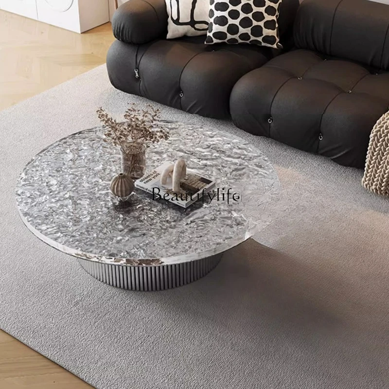

Light luxury high-end water corrugated acrylic round coffee table modern minimalist style
