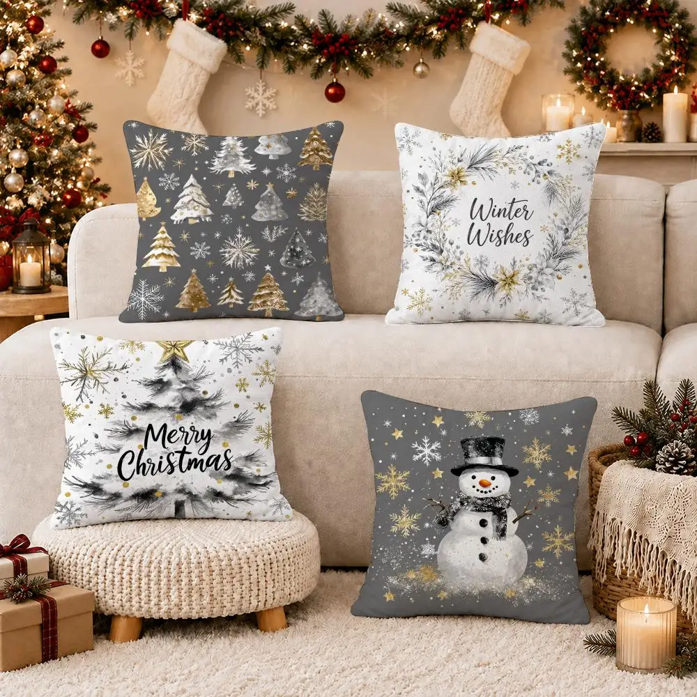 Grey Gold Watercolor Christmas Cushion Cover Short Plush Soft Double-Sided Printing Pillow Case Festival Party Home Decor Gift
