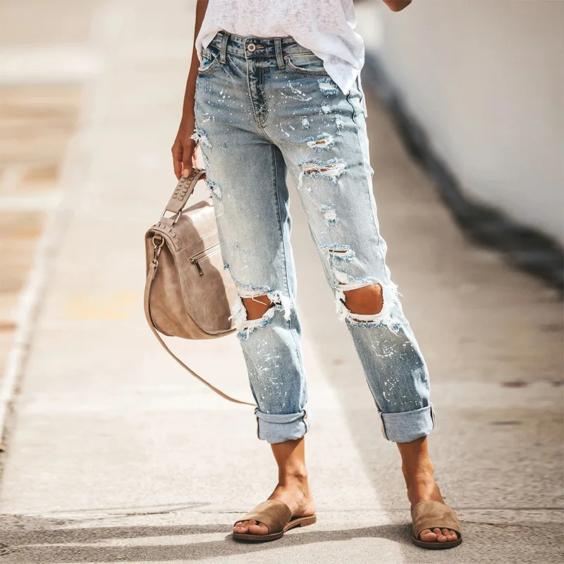 Pantalones de mezclilla de alta calidad para mujer, Jeans largos de cintura alta con botones sólidos, pantalones de mezclilla desgastados elásticos