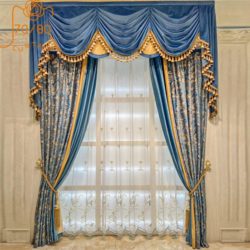 

European Blue Carved Printed Flannelette Patched Curtains for Living Room Bedroom French Window Customized Villa Valance