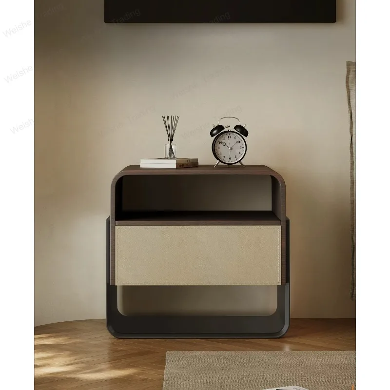 

Minimalist solid wood bedside table Light luxury bedroom Home storage Saddle leather locker
