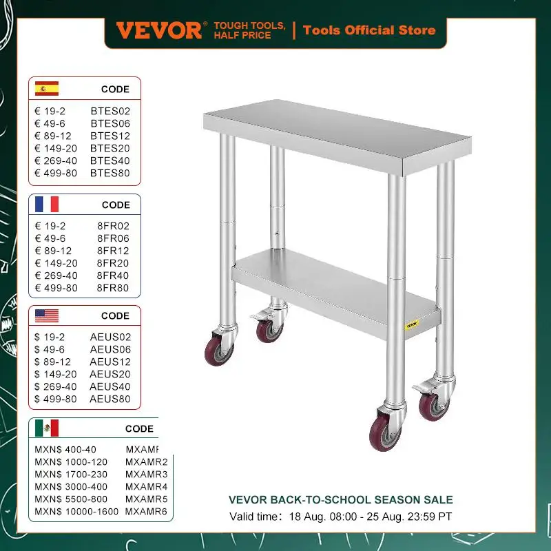 VEVOR Stainless Steel Kitchen Worktable shelves Commercial Work Bench Table with Caster Wheels for Home Restaurant Storage