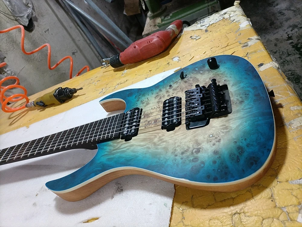 High Quality Blue 7 Strings  Guitar Wenge Neck Rosewood Fretboard Floyd Rose Bridge Burl Veneer Factory Customizable