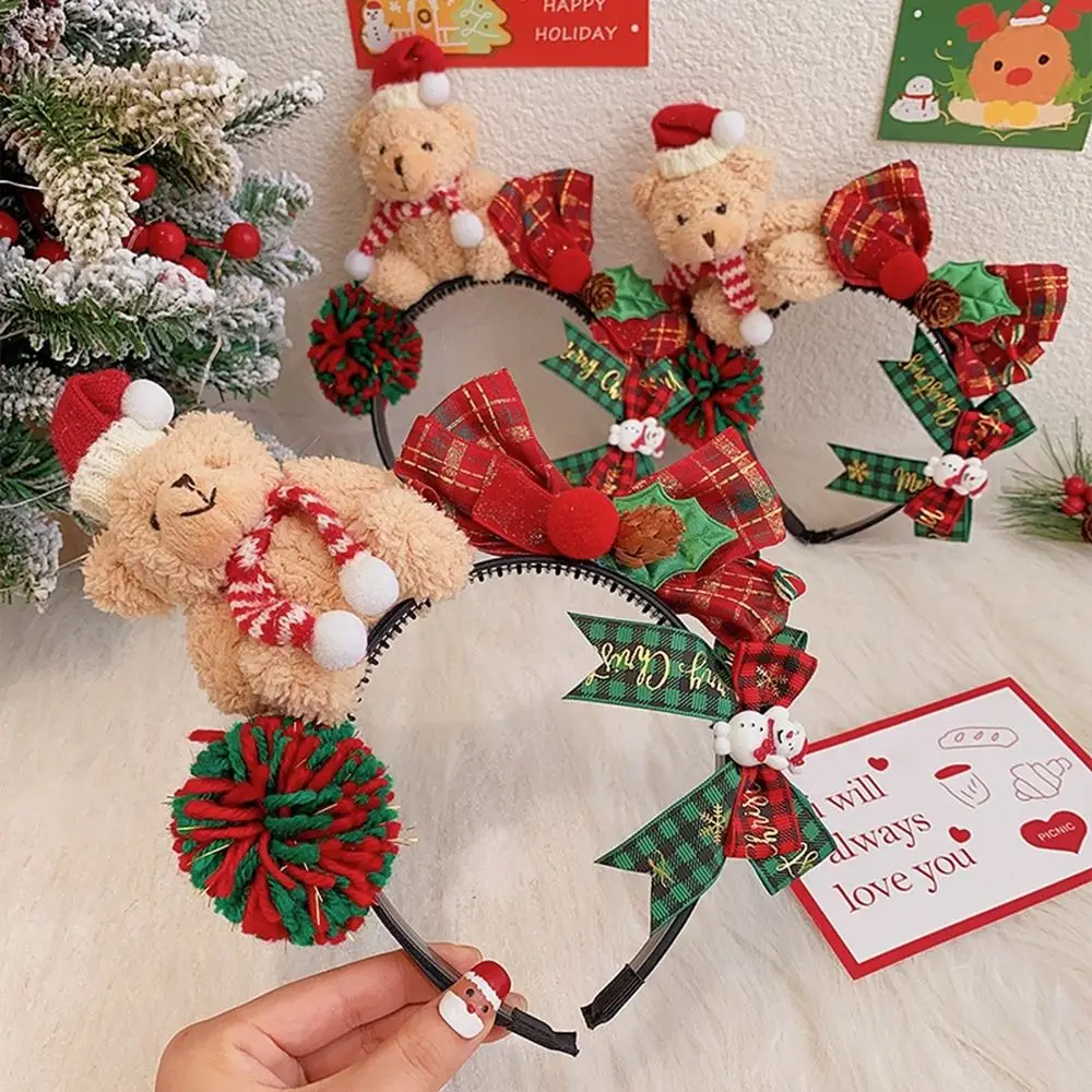 Children Plush Bears Headband Christmas Red Bowknot Santa Hat Hair Bands New Year Xmas Hair Hoop Kids Girls Hair Accessories