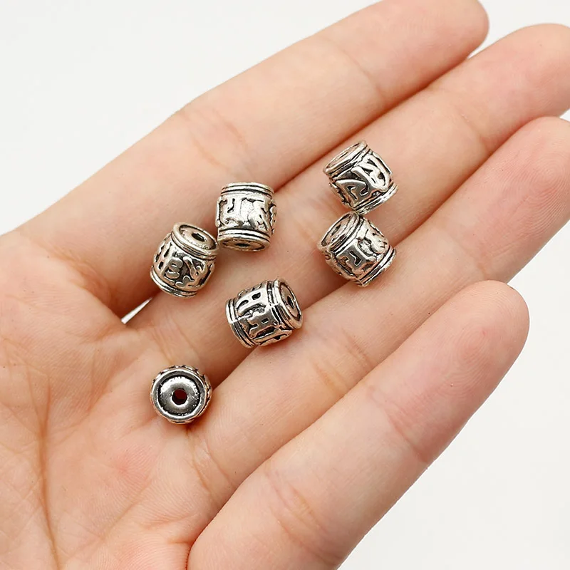 20pcs/Lot Tibetan Silver Bucket Sutras Metal Beads 8x8mm Bracelets Pendants Decoration Buddhism Mantras Spacers DIY Jewelry Make