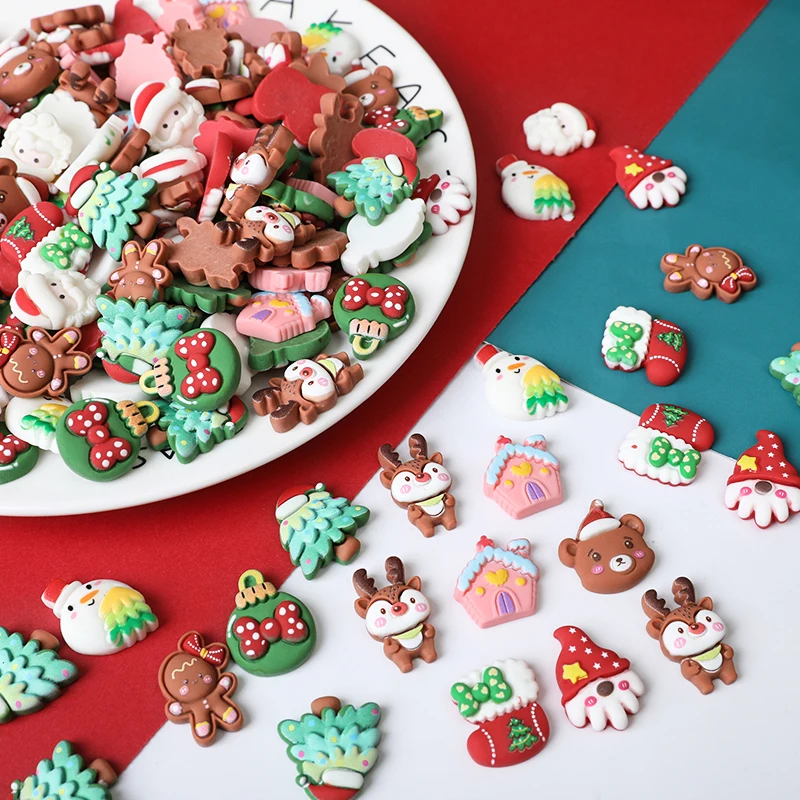 10/30Pcs Resin Kawaii Colorful Santa Trees Elk Snowman Gingerbread Man Flatback Stone Christmas Figurine Scrapbook DIY Crafts