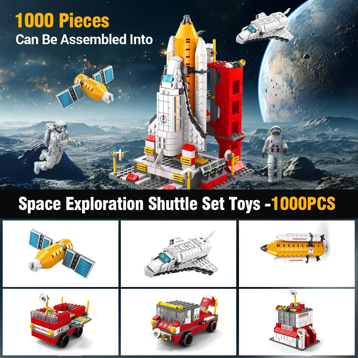 1000+ Pieces Space Exploration Shuttle Toy – Stem Building Blocks Set with Rocket Ship, Space Shuttle, Satellite, Educational Building Aerospace Kit for Kids, Birthday and Christmas Gift for Boys and Children