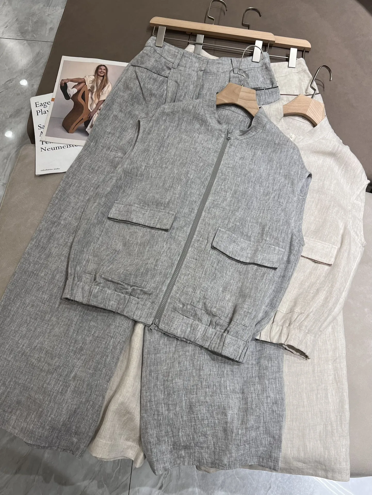 

Casual summer high quality pure linen wide leg pants suit