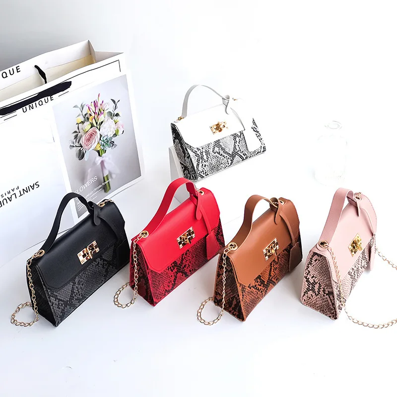 Fashionable Snakeskin Small Square Bag Women's One Shoulder Messenger Bag Handbag Small Fresh Chain Lock Small Bag