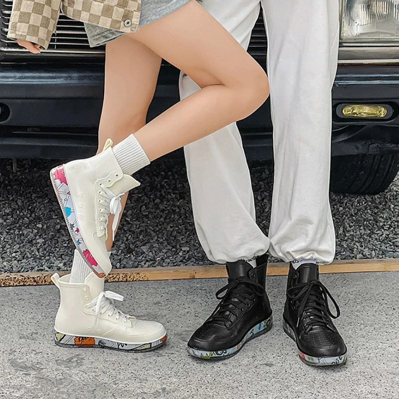 Botas de goma impermeables para mujer, zapatos de lluvia para parejas, calzado deportivo con cordones, botines de jardín de diseñador