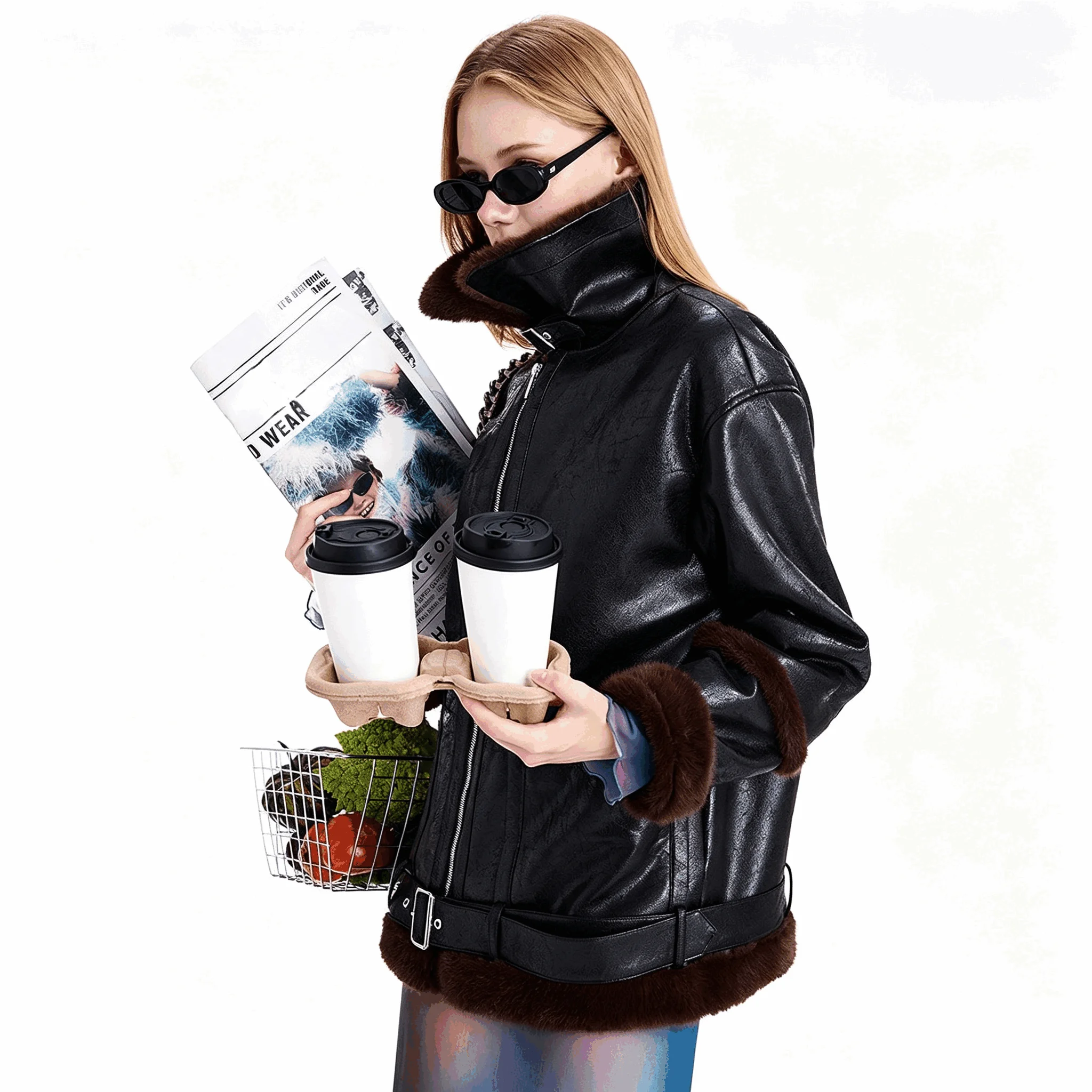 Foreign Trade Spain Original Order New Product Imitation Fur One Piece Collar Women's Leather Jacket Loose