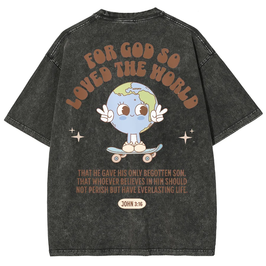 Trend Oversize T-Shirt American Neutral Style Cartoon Earth Letter Printing Sleeve Designer New Trend Washed Denim Short Sleeves