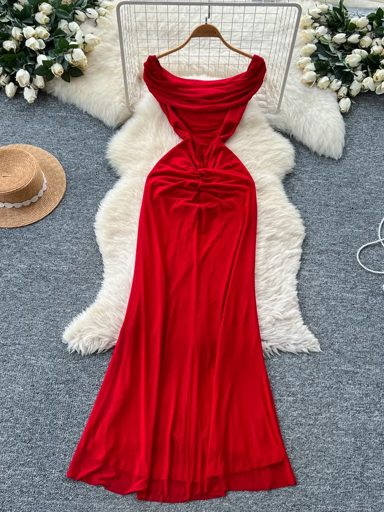 Ele Damen-Rock, lang, Dr, hohe Taille, A-Linie, Design, gefaltet, One-Shoulder, schmale Passform, figurbetont, hochwertig, koreanisches Sle