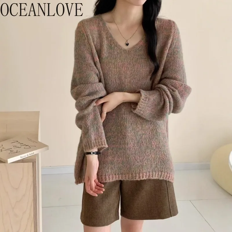 

OCEANLOVE зимняя одежда женские свитера из мохера тонкие осенние пуловеры с v-образным вырезом корейская мода свободные повседневные Pull Femme