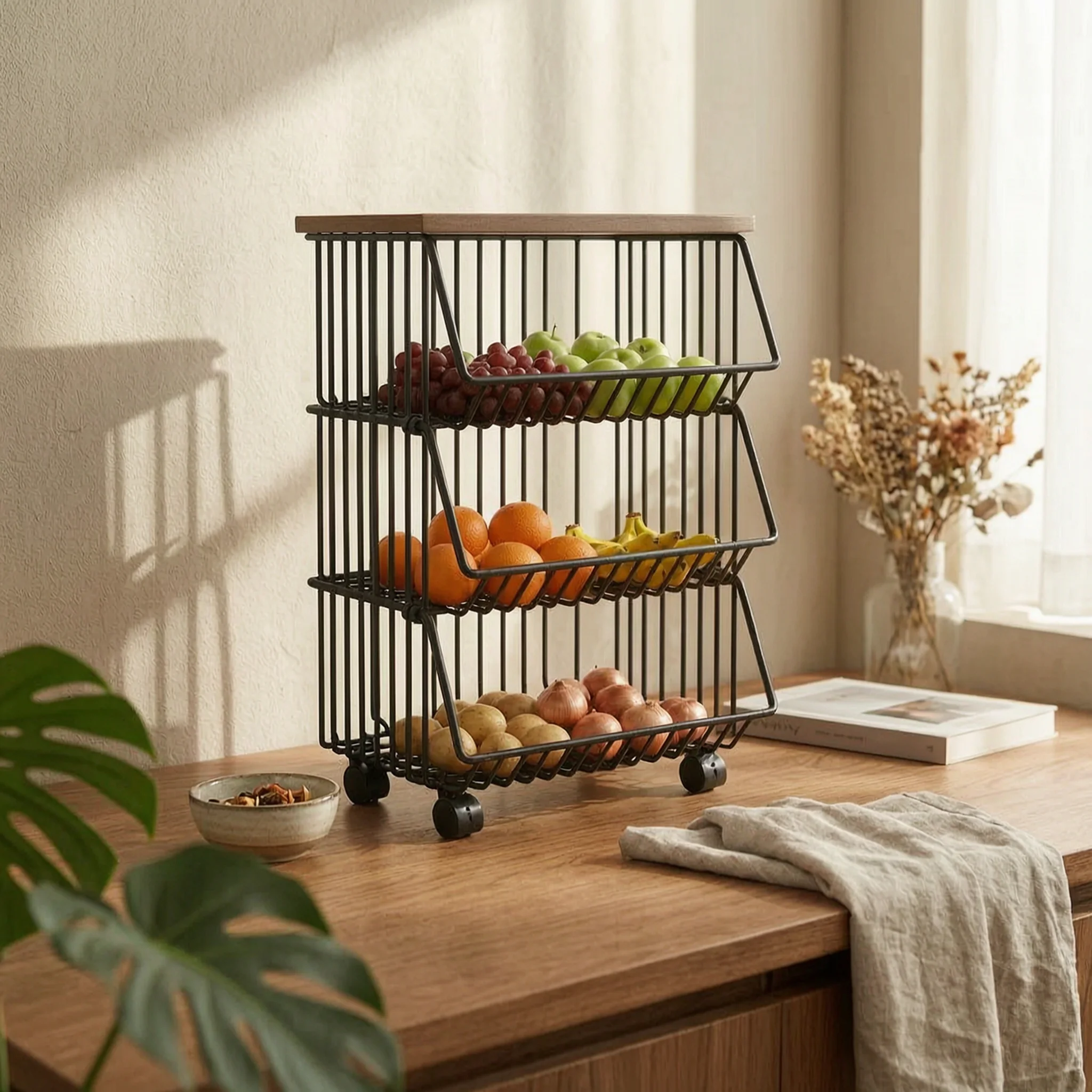 Kitchen Storage Cart with Wood Top Narrow Rolling Cart with Wire Baskets Pantry Organizer Modern Vertical for Apartment