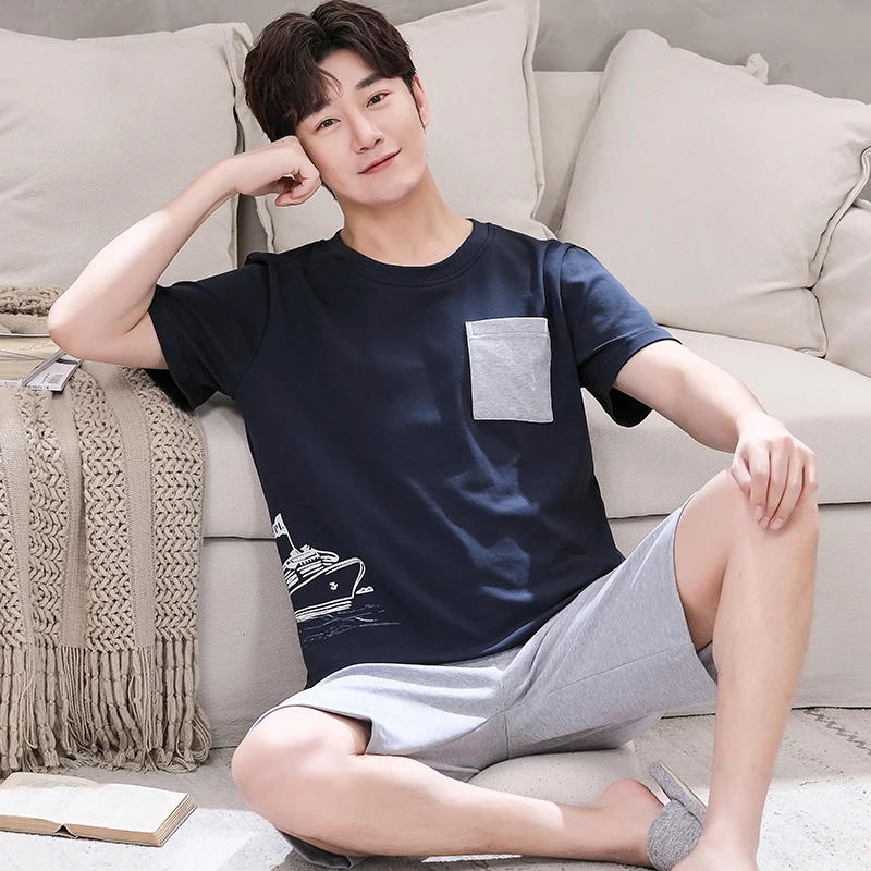 Plus Size L-3XL Cotton Homewear For Men Sleep Tops Shorts 2 Pieces Set Sleepwear Male Nightwear Cartoon night clothes Drop Ship