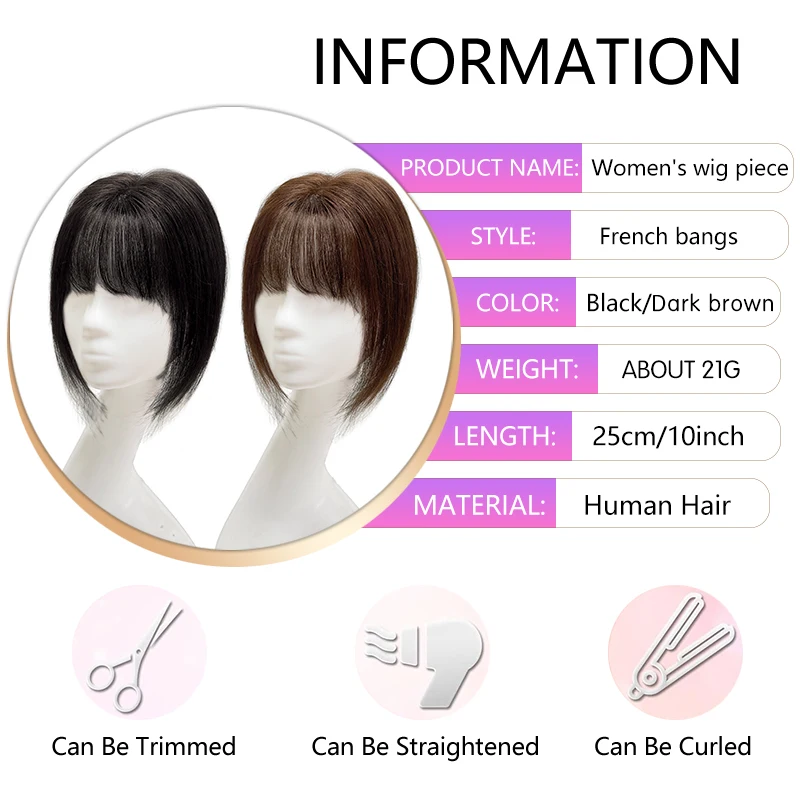 10 Inch Human Hair Clip in Hair Topper Extension with Bangs 3.54*4 Inch Hairnet Black Dark Brown Top Wig Piece