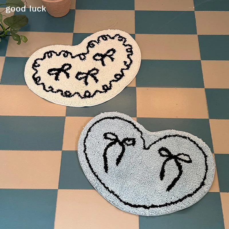 Cute Heart Shape Bow Pattern Rug Soft Fluffy Non Slip Floor Mat Decorative Tufted Carpet For Bedroom Bathroom Home Decoration