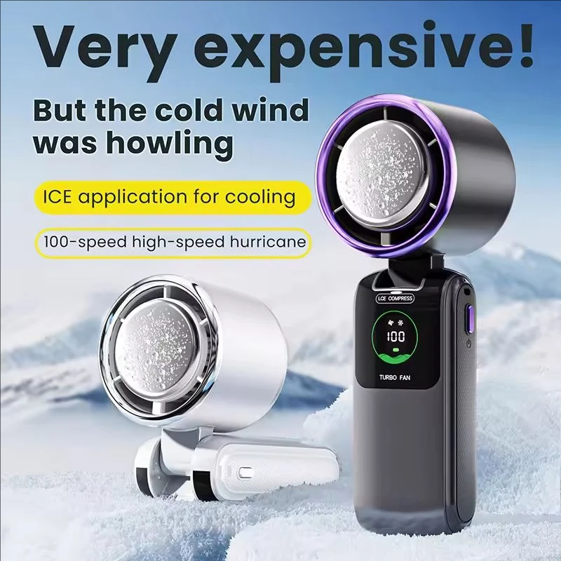 2026 New Ice Pack High-Speed Handheld Eletirc Fan 100 Speed Adjustable Folding Mini Fan Portable Outdoor Hanging Neck Small Fan