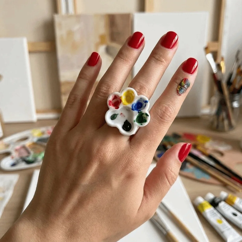 Travel Paint Set Portable Cat Paw Ring Palette Detachable Cute Paint Palette Ring Plastic Watercolor Palette Gift