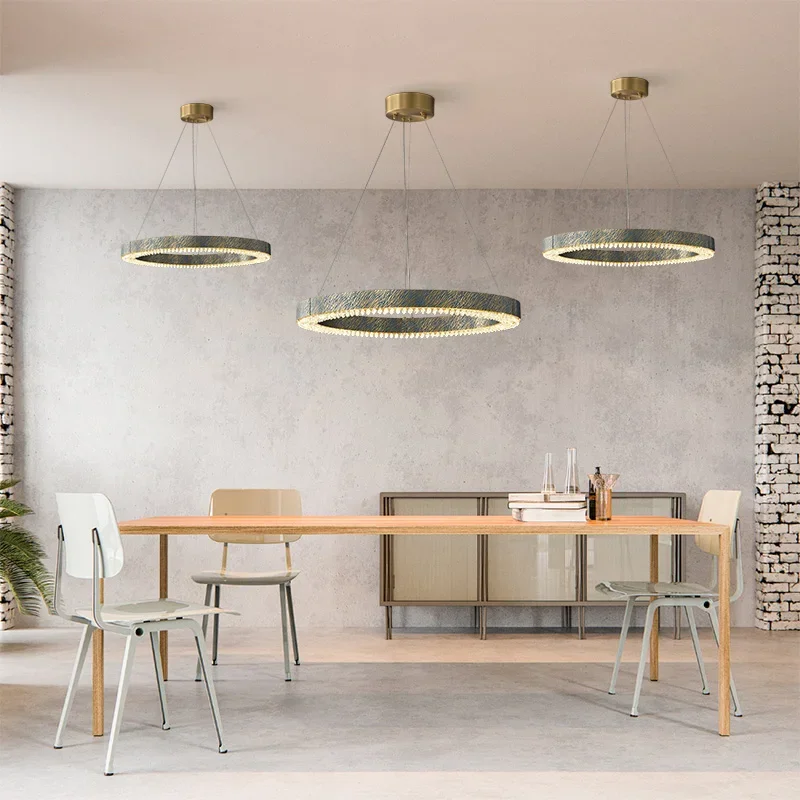 

Copper Crystal Ring Trendy Blue Gold Dimmable LED Chandelier Lighting Suspension Luminaire Lampen For Dinning Room