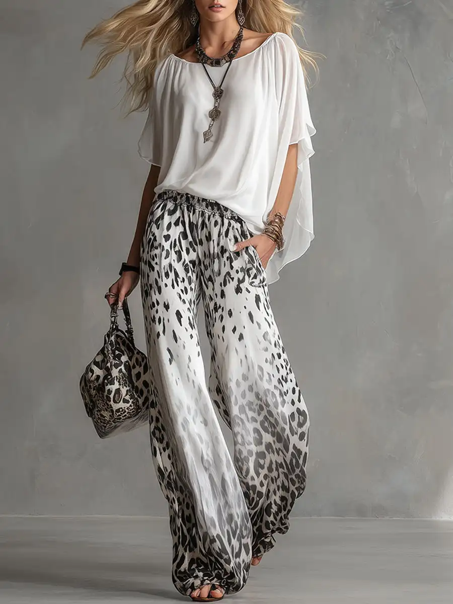 

Summer Chiffon Outfits Female Matching Two Piece Set for Women White Bating Sleeve Top & Leopard Print Wide Leg Pant Streetwear