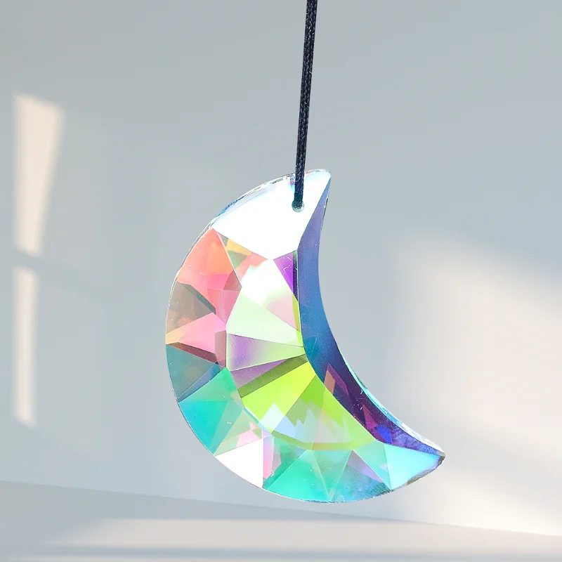 50MM Polished AB Color Laser Faceted Prism Moon Crescent Glass Crystal Pendant Rainbow Sun Catcher Chandelier Dangle Lamp Parts