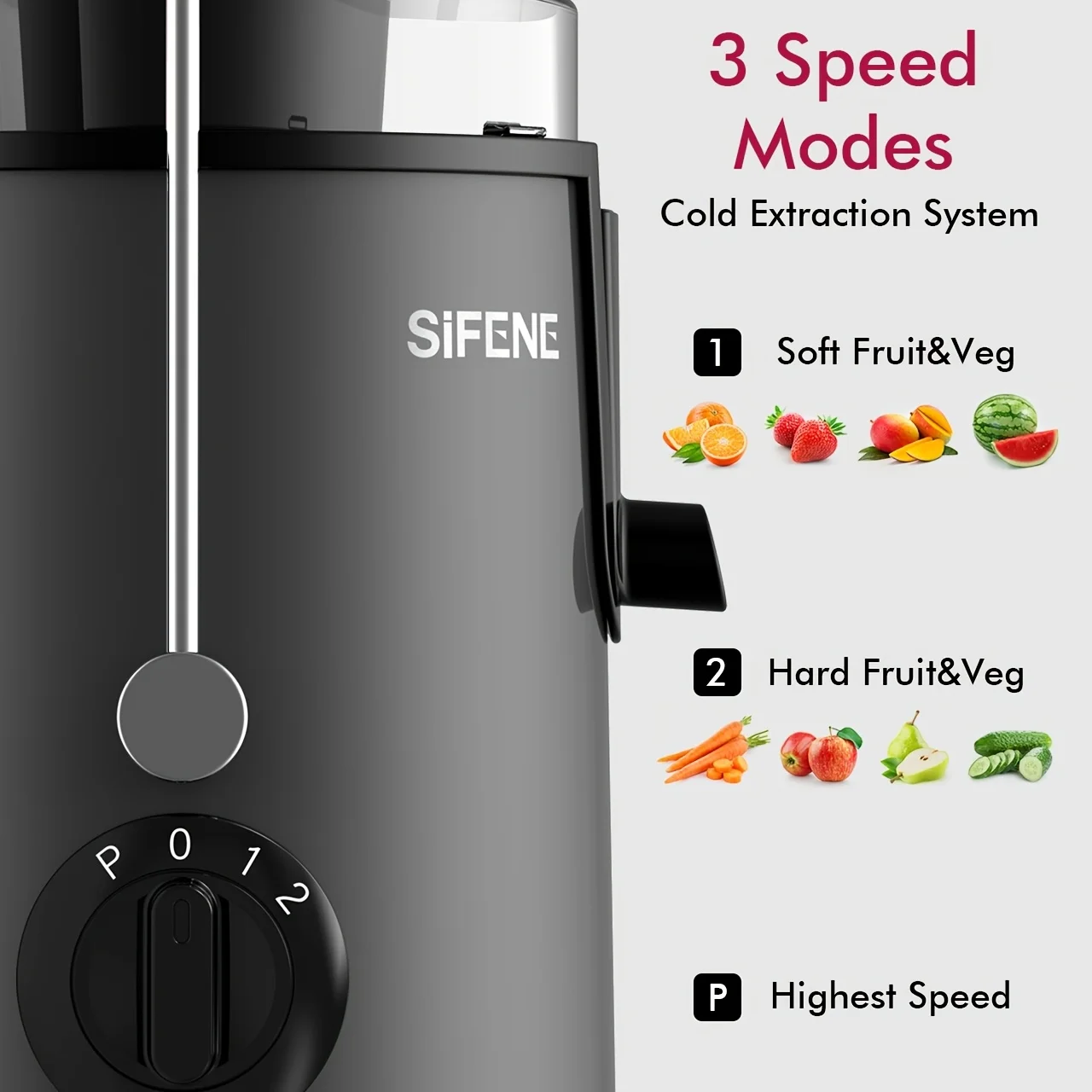 SiFENE-exprimidor de frutas y verduras fácil de limpiar, alimentación ancha de 3 "para exprimidor rápido de frutas y verduras, 3 Ajustes de velocidad, sin BPA, acero inoxidable, gris