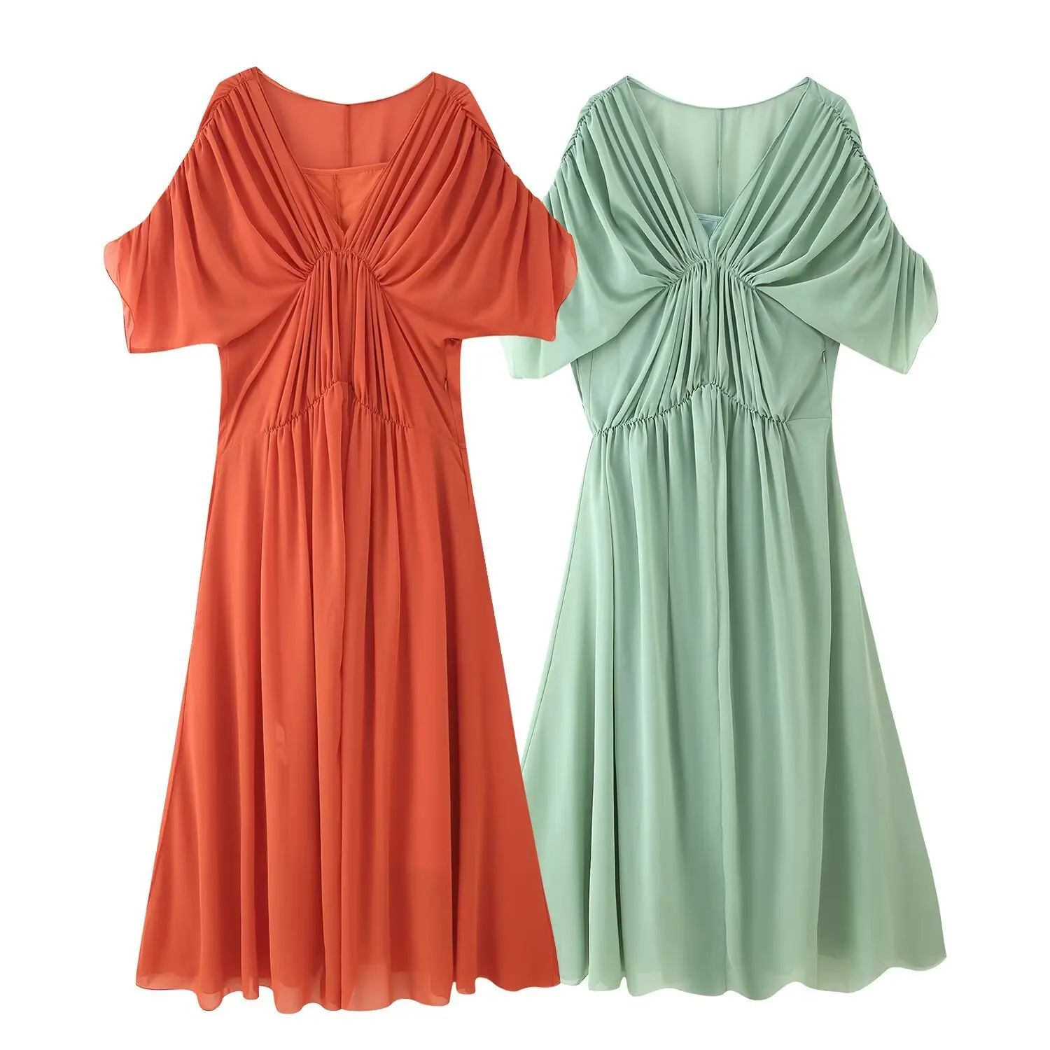 

2025 Holiday Style Summer Women's Long Dress Pleated V-Neck Short Sleeve A-Line Dresses Bohemian Beach Maxi Dress