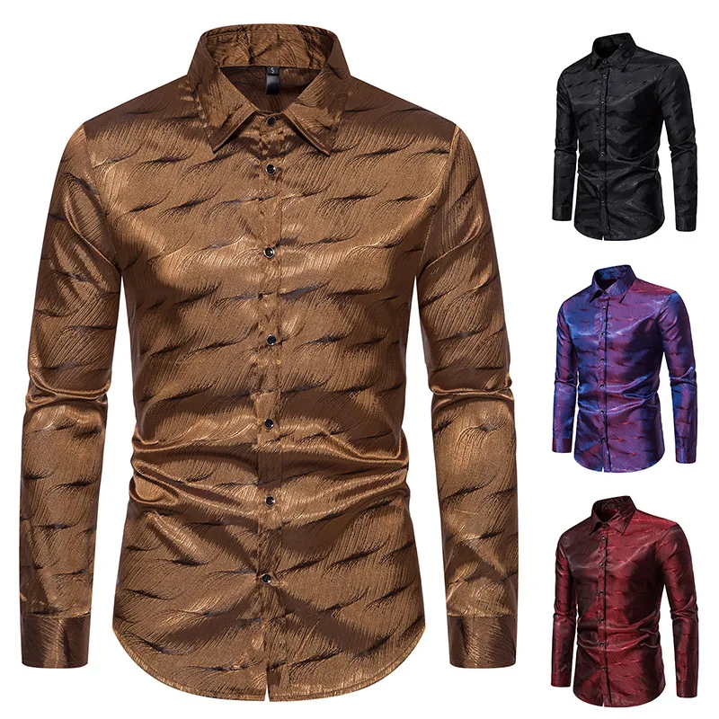

New Men Fashionable Casual Long Sleeved Shirt All Season Solid Color Jacquard Lapel Cardigan Gathering Party Party Slim Fit Top