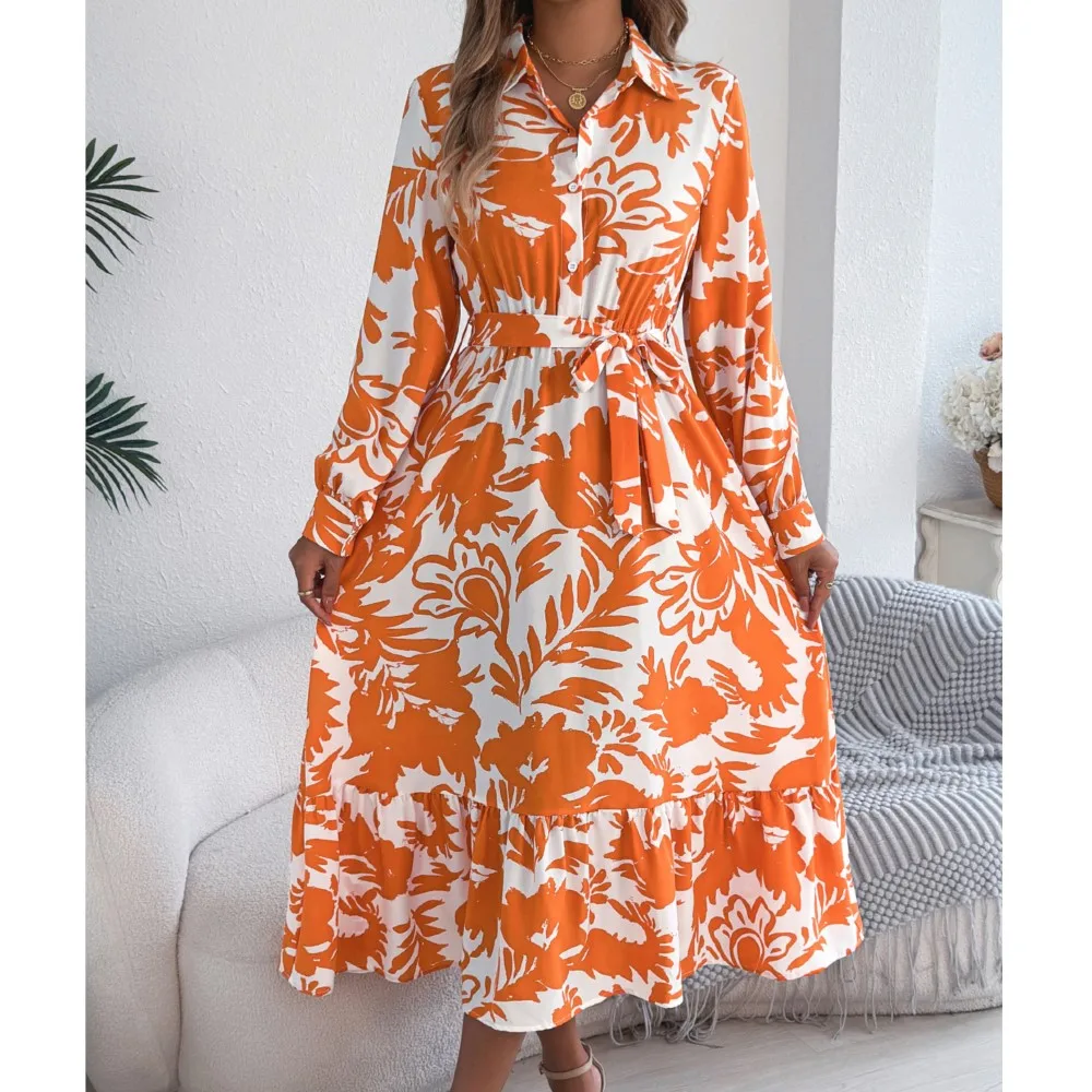 オフィスレディー エレガント レースアップ ラペル シャツワンピース 春夏 2025 カジュアル 花柄 長袖 蓮の葉 ワンピース レディース ドレス