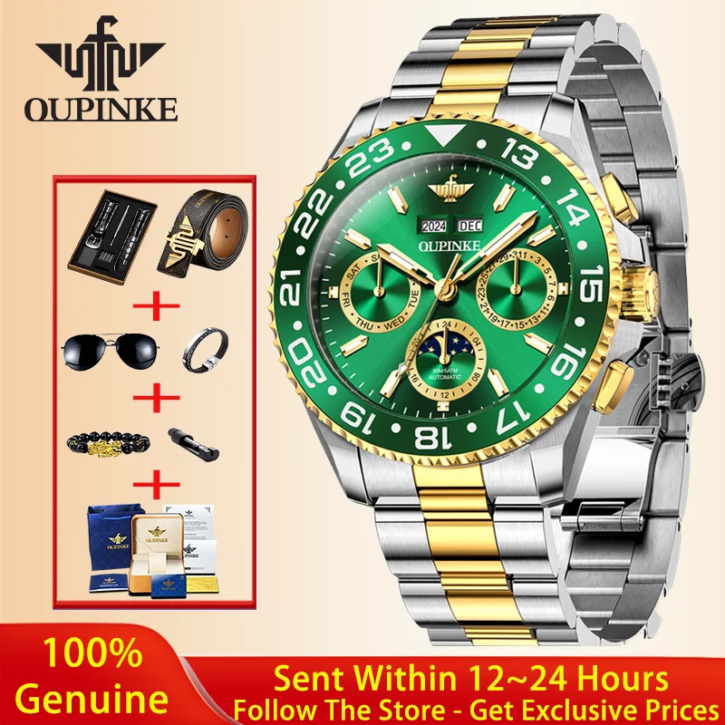 OUPINKE Men Watch Original Luxury Brand Men Automatic Mechanical Watch Multi functional Moonphase Timing Watch Men Gift 3271