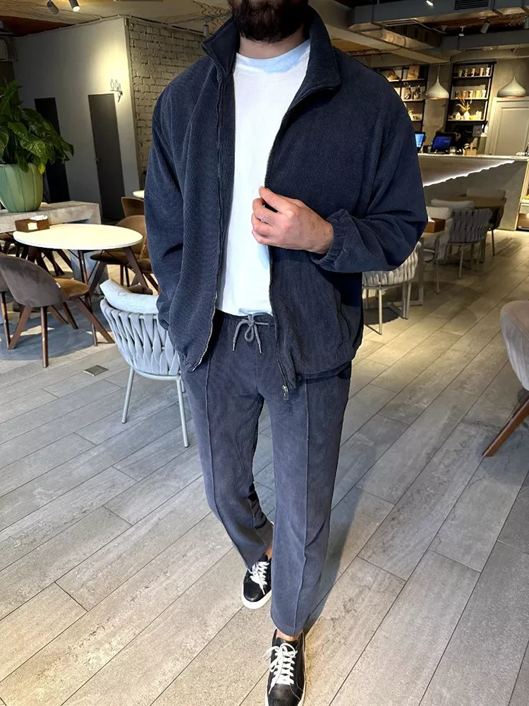 Casual Mens Two Piece Sets Streetwear Fashion Solid Color Slim Zipper Lapel Jacket And Pants Two Piece Suits Men Stylish Outfits